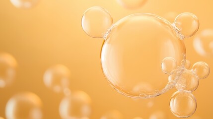 Close-up of a glowing golden bubble, warm reflections, soft gradient backdrop, smooth textures, skin-brightening formula concept.