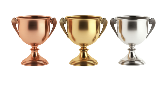 A trio of three different colored, shiny metallic and wooden trophy cups,  isolated on Transparent PNG format background.