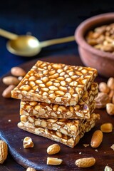 Fototapeta premium Golden Peanut Chikki with Glossy Caramel Coating and Rustic Styling on a Wooden Board