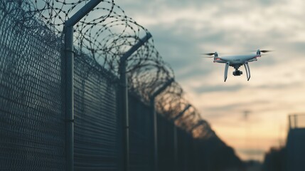 A drone hovers just above the barbed wire-topped perimeter fence, its camera capturing the stark outline of the prison grounds below.