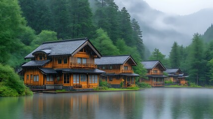 Naklejka premium Wooden houses on a lake in a misty forest