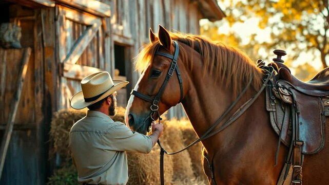 Hispanic adult rancher caring for brown horse at rustic wooden barn during golden sunset. Rural western lifestyle, traditional ranch scene with equestrian and horse with copy space
