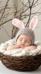 Baby wearing bunny hat peacefully sleeping in cozy nest made of soft, natural materials surrounded by delicate branches in a serene environment