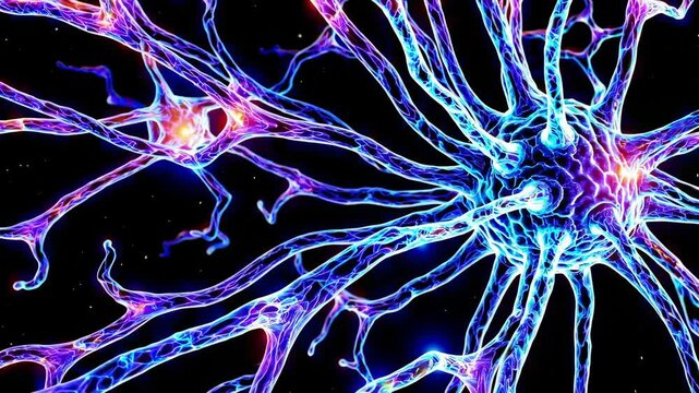 Neon illustration of neural network synapse connections in dark space, futuristic concept for artificial intelligence and biotechnology