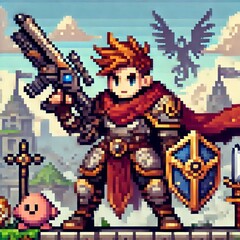 Fototapeta premium Knight character vector design with gun weapon,pixel art