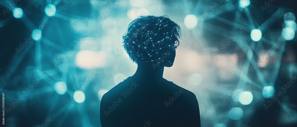 Fototapete Silhouette of a Person Against a Futuristic Background with Glowing Network Connections and Digital Elements Representing Artificial Intelligence and Connectivity