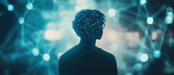 Silhouette of a Person Against a Futuristic Background with Glowing Network Connections and Digital Elements Representing Artificial Intelligence and Connectivity