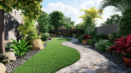 The soft, green lawn flows between the neatly arranged stone edge and the lush garden beds, highlighting a seamless blend of natural textures.
