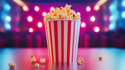 Close up image of a red and white striped popcorn cup with lots of popcorn in a movie theater	

