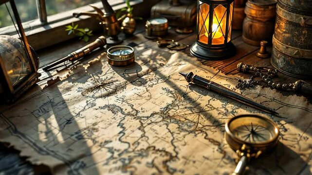 Ancient nautical map with vintage navigation tools, compass and burning lantern on wooden table. Maritime adventure concept for treasure hunt design with dramatic lighting and shadows