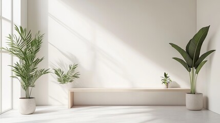 A minimalist office space with clean white walls, light wooden desks, and potted plants