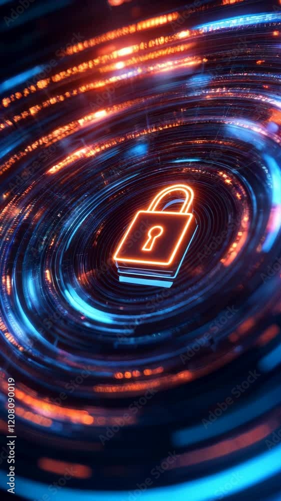 Poster glowing padlock in digital vortex cybersecurity and technology in futuristic display