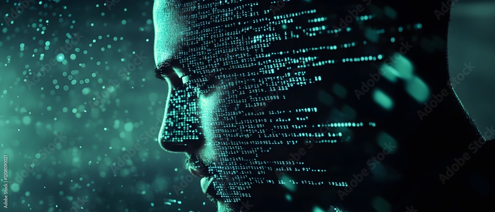 Aufkleber Fascinating Portrait of a Man’s Profile with Digital Code Projection and Futuristic Technology Background for Cybersecurity and Innovation Concepts