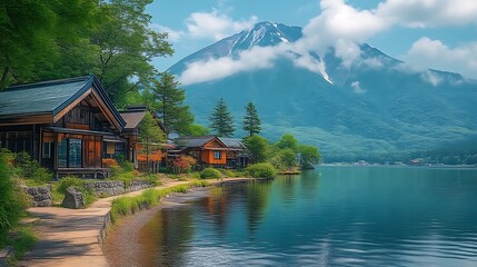 Fototapeta premium Japanese Lakeside Houses Mountain View Serenity