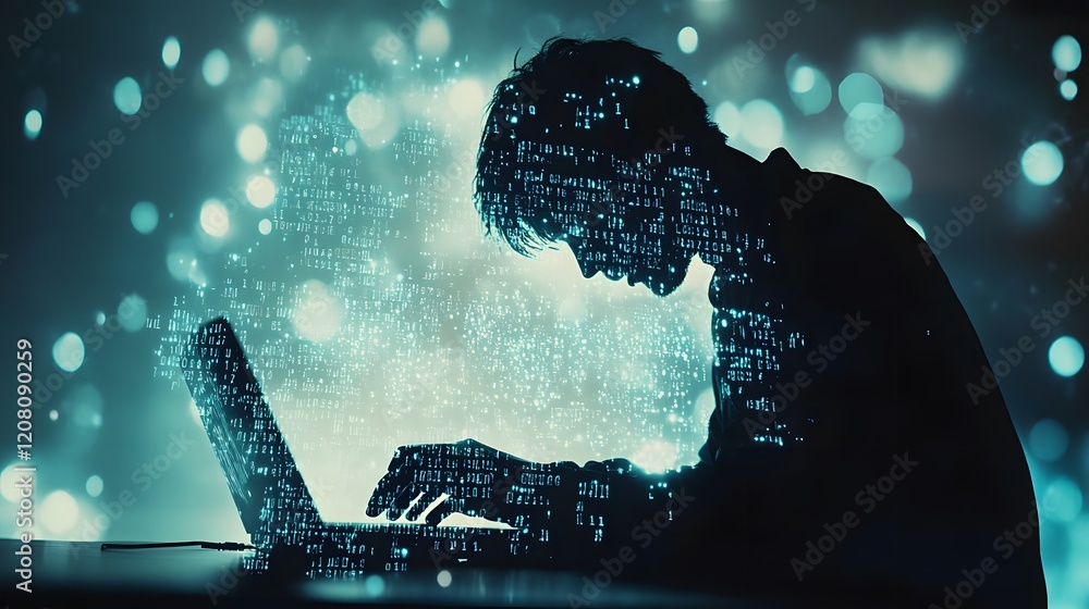Poster silhouette of a person typing on laptop surrounded by digital code and lights, representing technolo