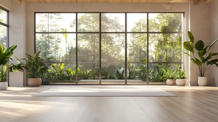 A minimalist yoga studio with light wood flooring, large windows, and potted greenery