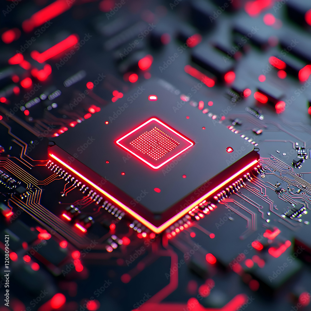 Poster red illuminated circuit board 3d render