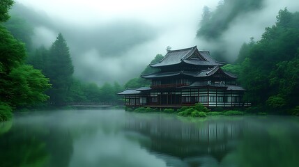 Fototapeta premium Serene Asian Temple Amidst Misty Green Mountains