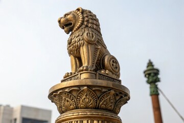 Fototapeta premium Close-up shot of a brass statue of the Ashoka Stambha with intricate details, statue, brass, cultural heritage