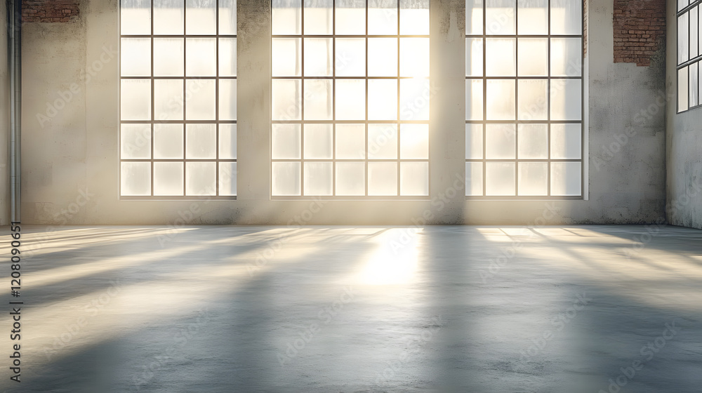 Poster sunlight illuminating empty industrial loft with concrete floor and large window, creating an indust