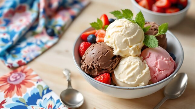 Norwegian Iskrem Ice Cream with Mixed Flavors and Fresh Berries (Norwegian Cuisine)