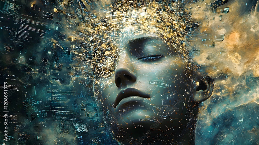 Aufkleber surreal portrait of a woman with digital cloud data, representing artificial intelligence and techno