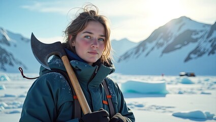 girl with snow axe, girl in north