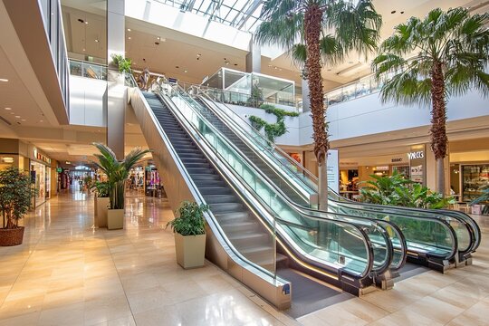 A modern mall escalator surrounded by clean glass railings and natural light