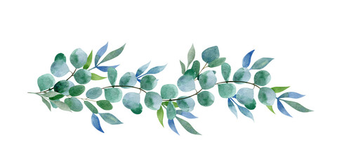 Watercolor eucalyptus and leaves bouquet isolated on white background. Rustic greenery. Hand drawn botanical illustration. Can be used for wedding, birthday.. © Lena