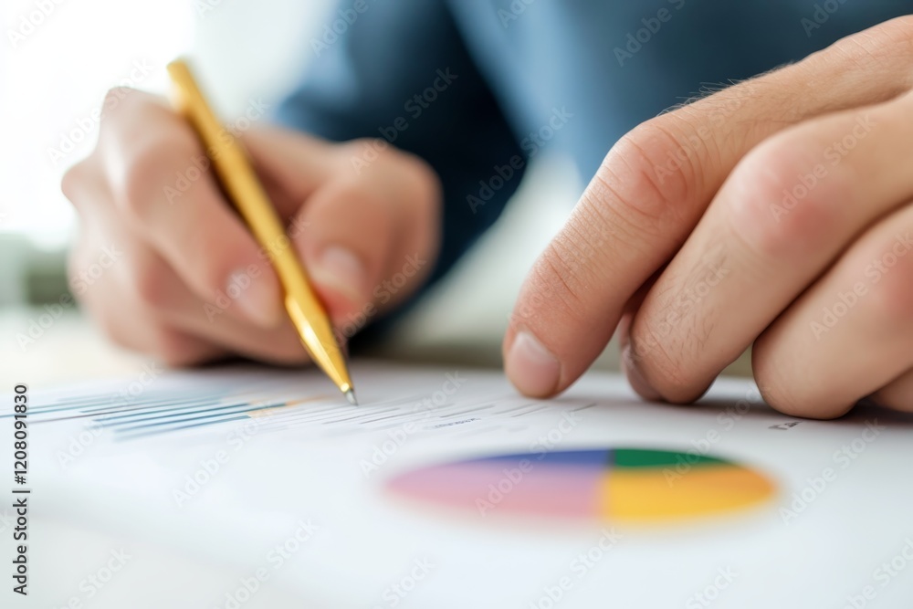 Aufkleber hands working on financial documents with charts and graphs in a bright office space during the day