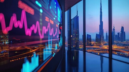 Dubai Skyline at Dusk: Financial Market Data Overlay