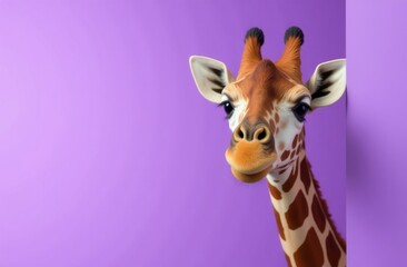 Obraz premium Funny giraffe in clothes, wearing a hat on a purple background. Modern design. Sale, advertising, discounts, special offers. Business concept. A creative fashion banner that copies the space.