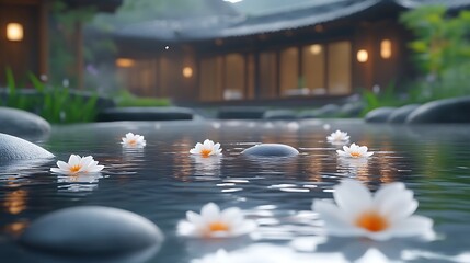 Serene Water Garden With Floating White Flowers