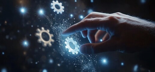 Hand interacting with digital gears, technology concept.
