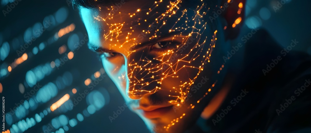 Poster close-up portrait of a man with futuristic digital patterns on his face reflecting technology, innov