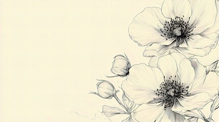 Floral Serenity: Delicate black and white sketch art of Anemone flowers, capturing the elegance and simplicity of nature