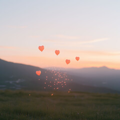 Fototapeta premium A field with heart-shaped red balloons against sunset
