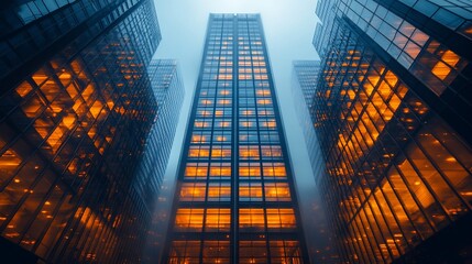 Low-angle view of illuminated skyscrapers in fog.