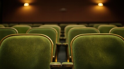 Rows of empty green seats in a dimly lit theater auditorium