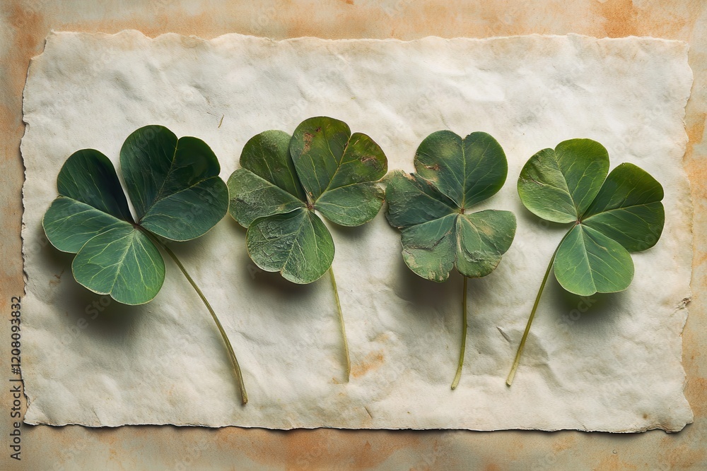 Poster four vibrant clover leaves arranged neatly on textured paper creating a rustic and natural display