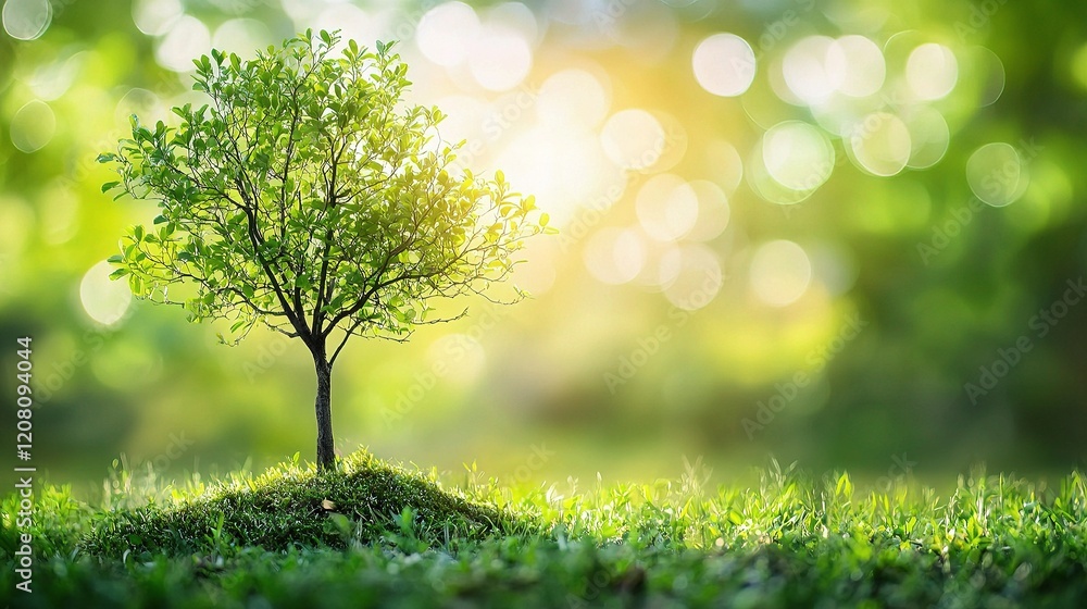 Poster blurred green tree with bokeh background and soft sky light