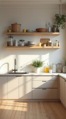 Light Home Kitchen Interior With Bar Counter, Sink And Kitchenware With Shelves