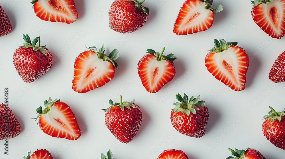 Poster detailed macro image of whole and sliced red strawberries