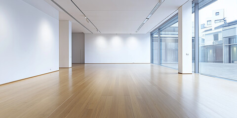 Fototapeta premium Empty white room with a wooden floor, large windows, and natural light streaming in, emphasizing minimalism and openness