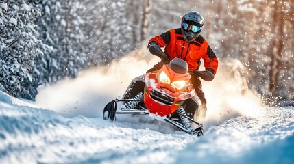 The snowmobiler rides steadily through the frosted forest, the snow scattering as the machine pushes it aside.