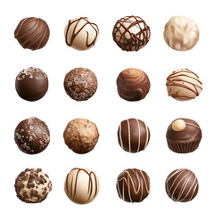 Collection set of chocolate truffles, pralines isolated on white background