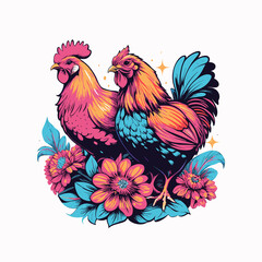 rooster and hen with white background