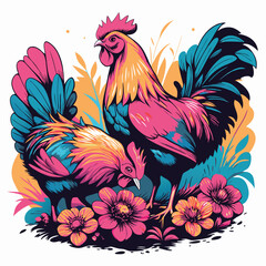rooster and hen with flower vector white background
