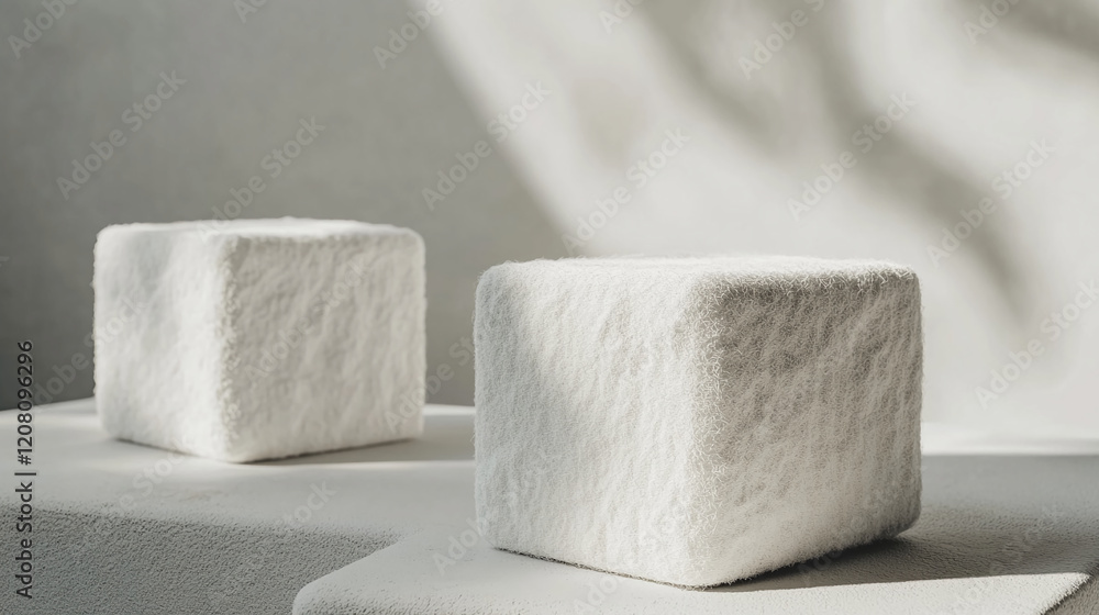 Aufkleber White textured sugar cube product platforms arranged on a surface with soft lighting and shadows