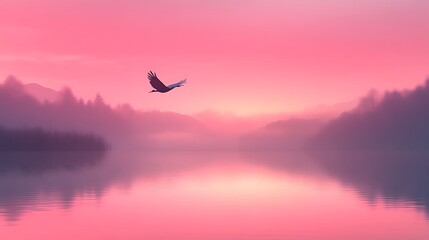 Serene Pink Sunset Landscape With A Flying Crane